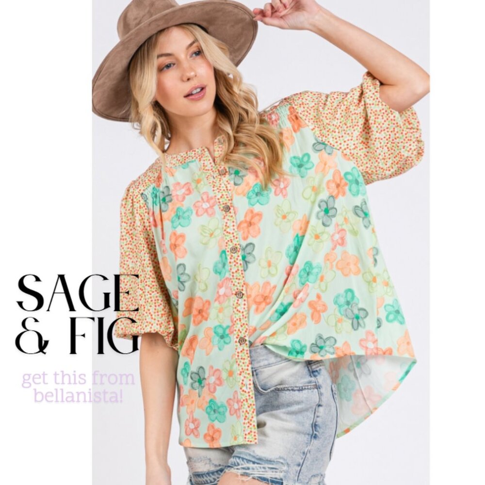 T7673 SAGE + FIG Green Coral Floral Print Bubble Sleeve Top - Picture 3 of 4